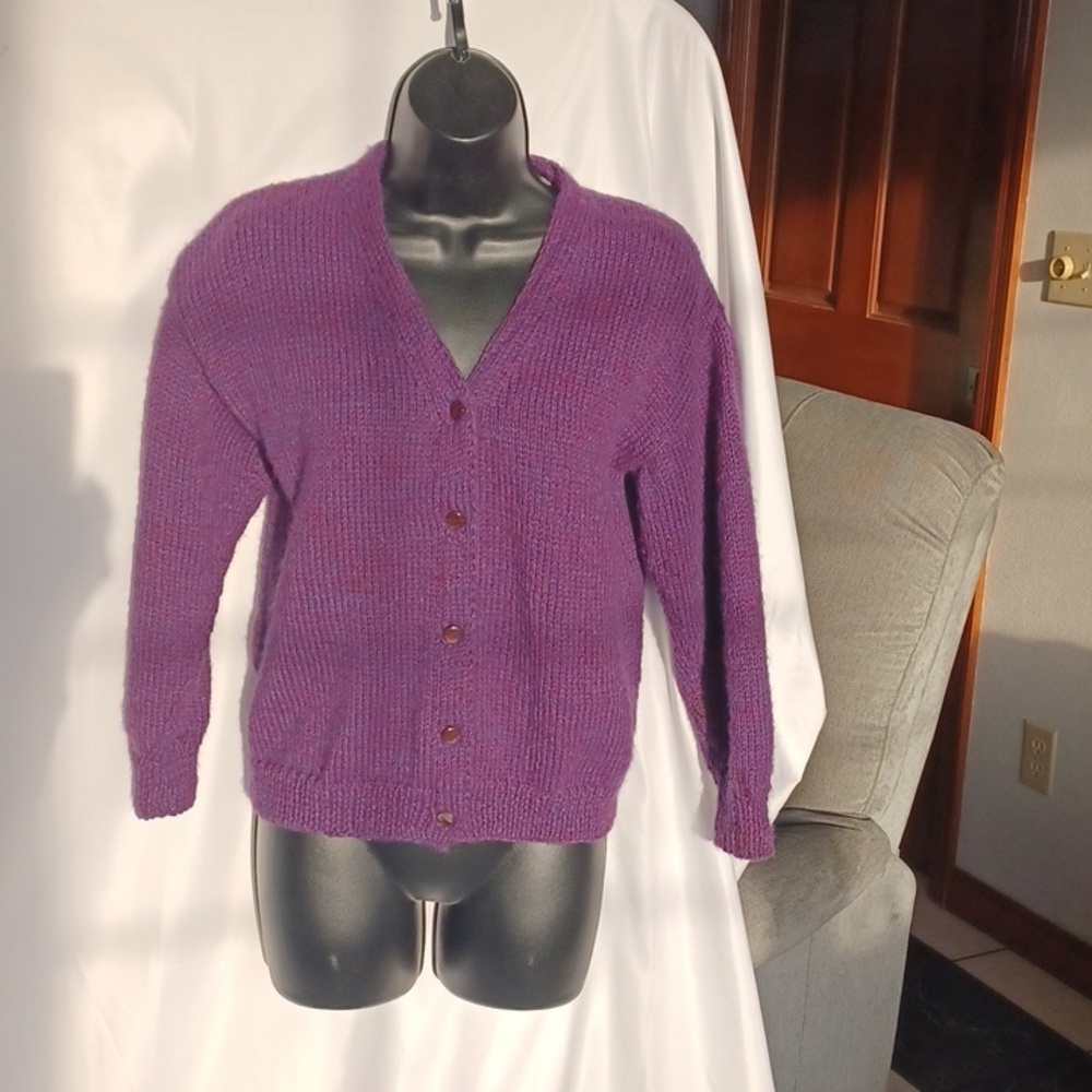 Handmade Hand‎ Knit Cardigan Sweater Speckled Fuchsia Purple, Med, 19" PTP, 21"L